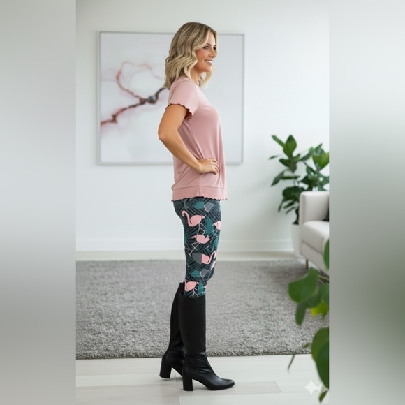 Plus NEW Womens Pink Flamingo Leggings, Soft Yoga Waist Pants - Picture 7 of 10